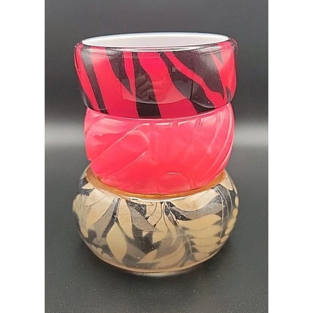 Vintage Chunky Bangle Bracelet Lot 3 Pink Tiger Lucite Carved Resin Wood Leaf